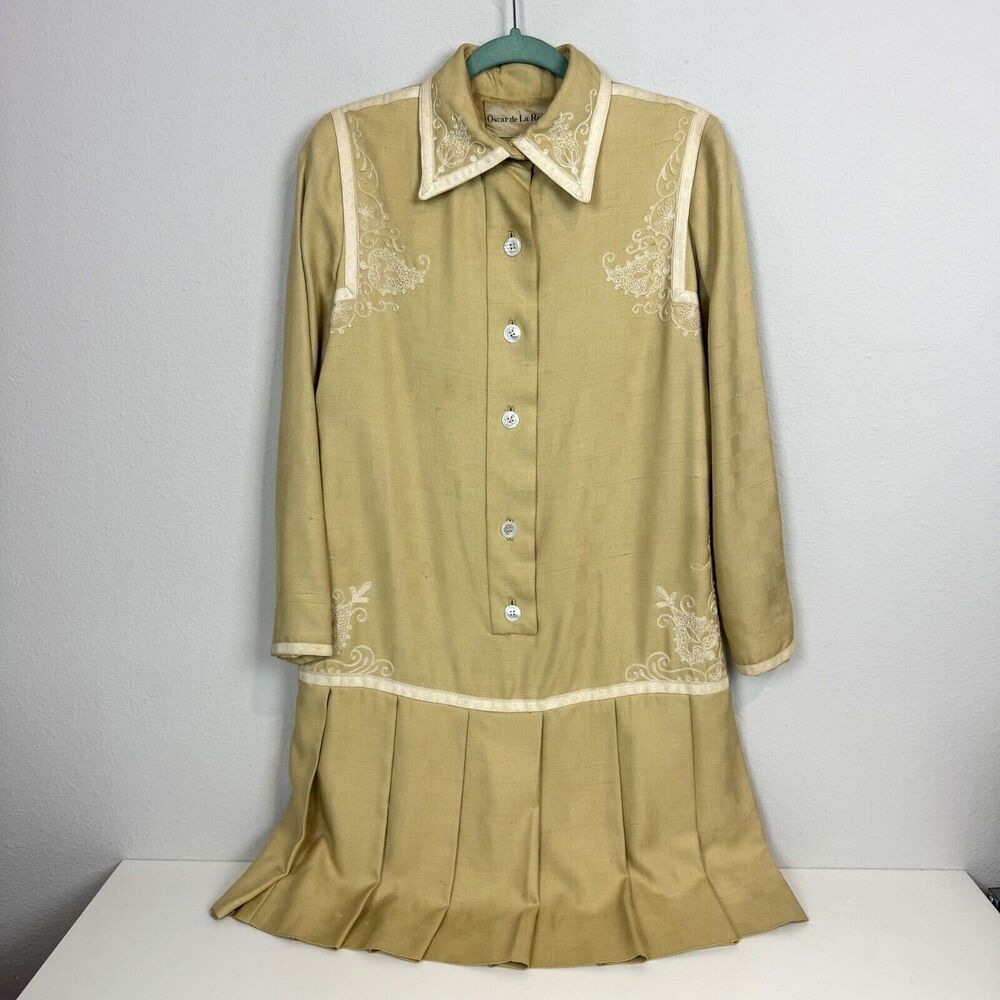 Vintage Oscar de la Renta Late 60s Drop Waist Pleated Embroidered Dress 12